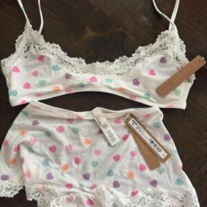 SKIMS White and Pink Heart Print Lace Trim Bra
